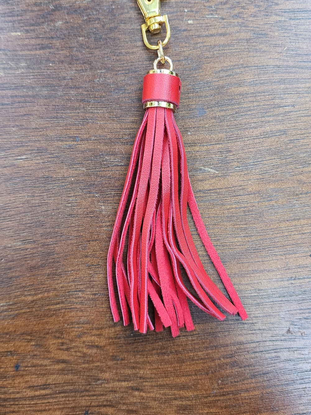 Genuine Red Leather Tassel Bag Charm Gold Hardware Keyring Keychain